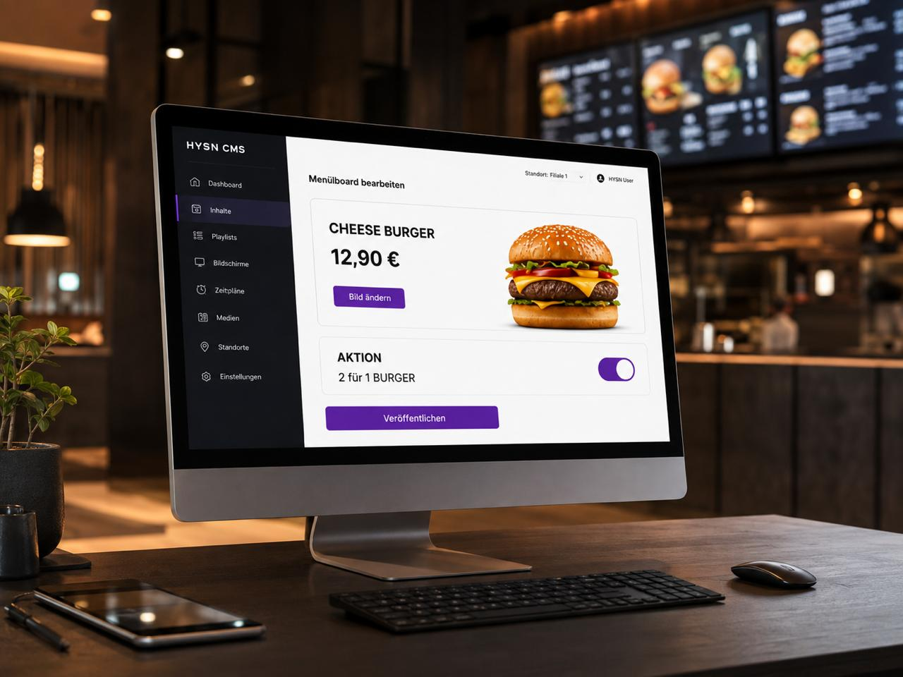 HYSN CMS auf einem Bildschirm im Restaurant: Menüboard bearbeiten
